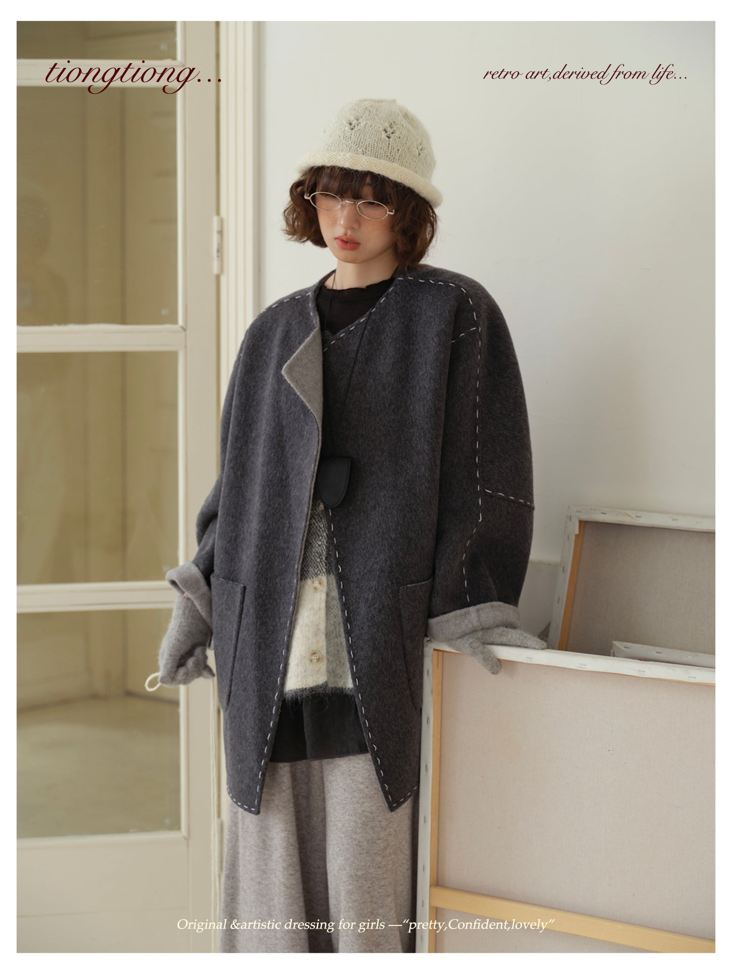 △ダブルフェイスウールで暖か ハンドステッチがポイントに。ドロップショルダーゆったり  ノーカラーコート△