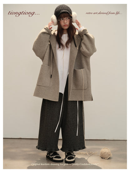 3色展開◇ダブルフェイス カシミア×メリノウールで暖かドロップショルダーゆったり フーディーコート◇