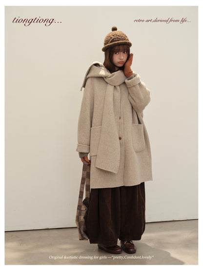 △ダブルフェイスメリノウールで暖か ドルマンスリーブゆったり  ノーカラーコート△マフラー付き