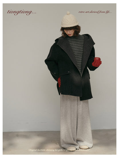 ２色展開◇ダブルフェイスウール×ヤク×シルクで暖かドロップショルダーゆったり フーディーコート◇