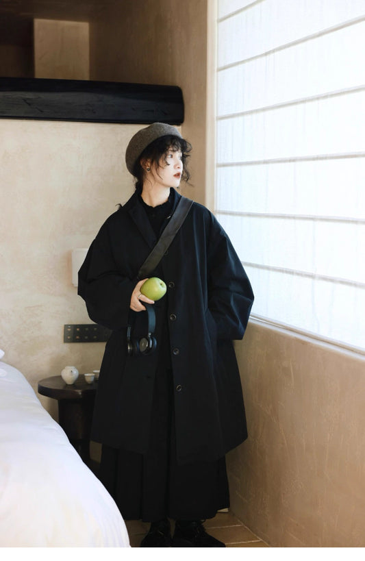 ブラックネイビーの絶妙な色味もかっこいい◇ドロップショルダー  コットンゆったりスプリングコート◇