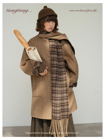 △リバーシブル ダブルフェイスウールで暖か ゆったり  ノーカラーコート△