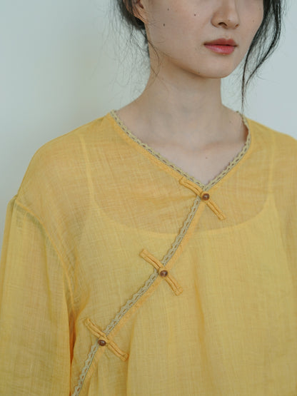 3色展開◇レースパイピングが良いアクセントに◇ラミープオリエンタルシャツ◇