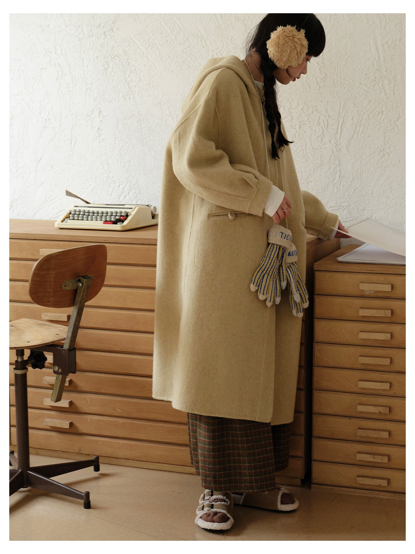 ◇ダブルフェイス メリノウールで暖かドロップショルダーゆったり フーディーコート◇