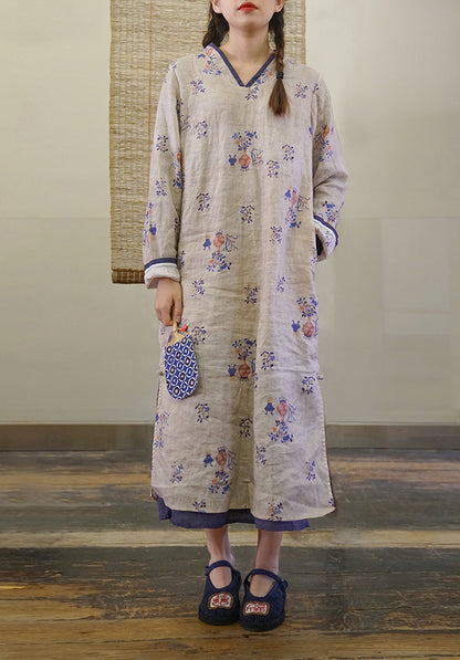 ◇可愛いボタニックプリント◇リネンワンピースドレス◇