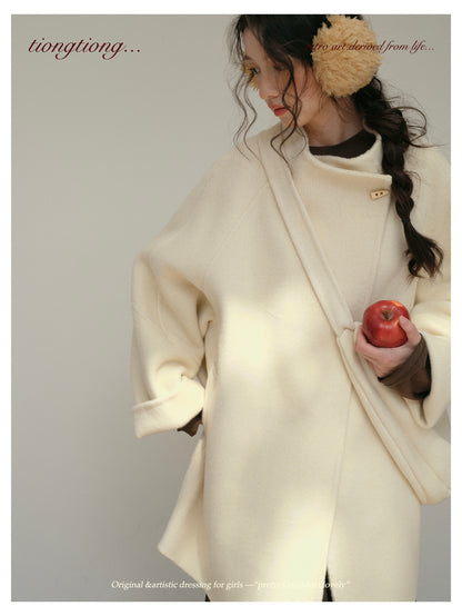 3色展開◇ダブルフェイス ウール×キャメルウールで暖かドロップショルダーゆったりコート◇バッグ付き