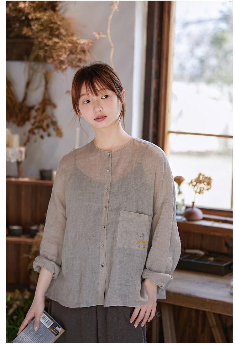 ◇ドロップショルダー刺繍入りリネンノーカラーシャツ◇