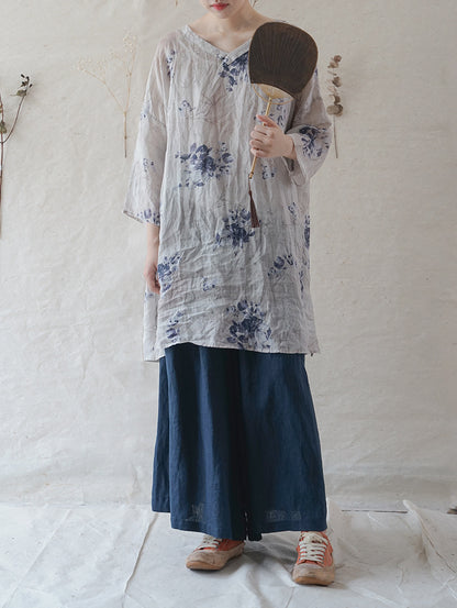 △夏らしい涼しげな花柄プリント Vネック 7部丈 ロングワンピース▽