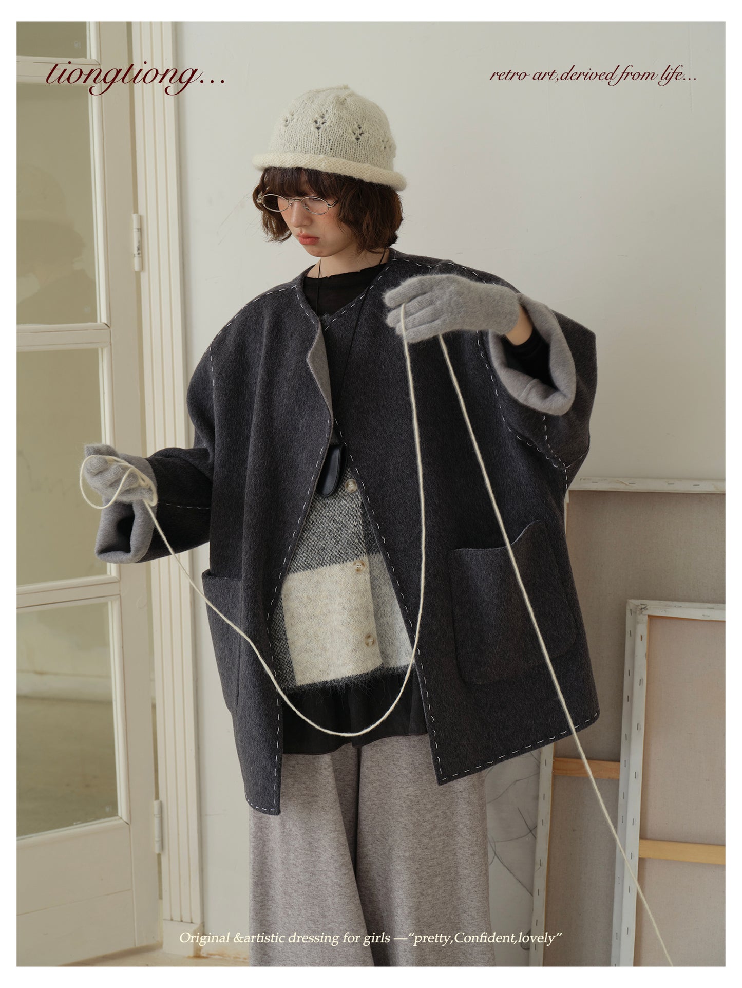 △ダブルフェイスウールで暖か ハンドステッチがポイントに。ドロップショルダーゆったり  ノーカラーコート△