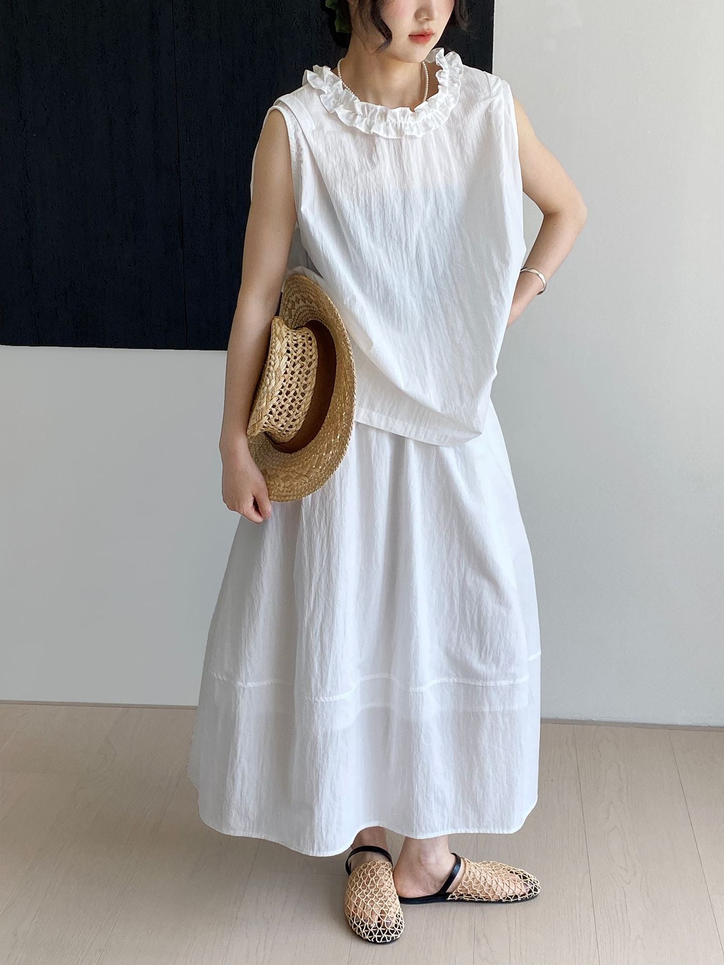 セットアップデザイン◇2色展開◇フリルネックブラウス＆ロングスカート◇M/Lサイズ