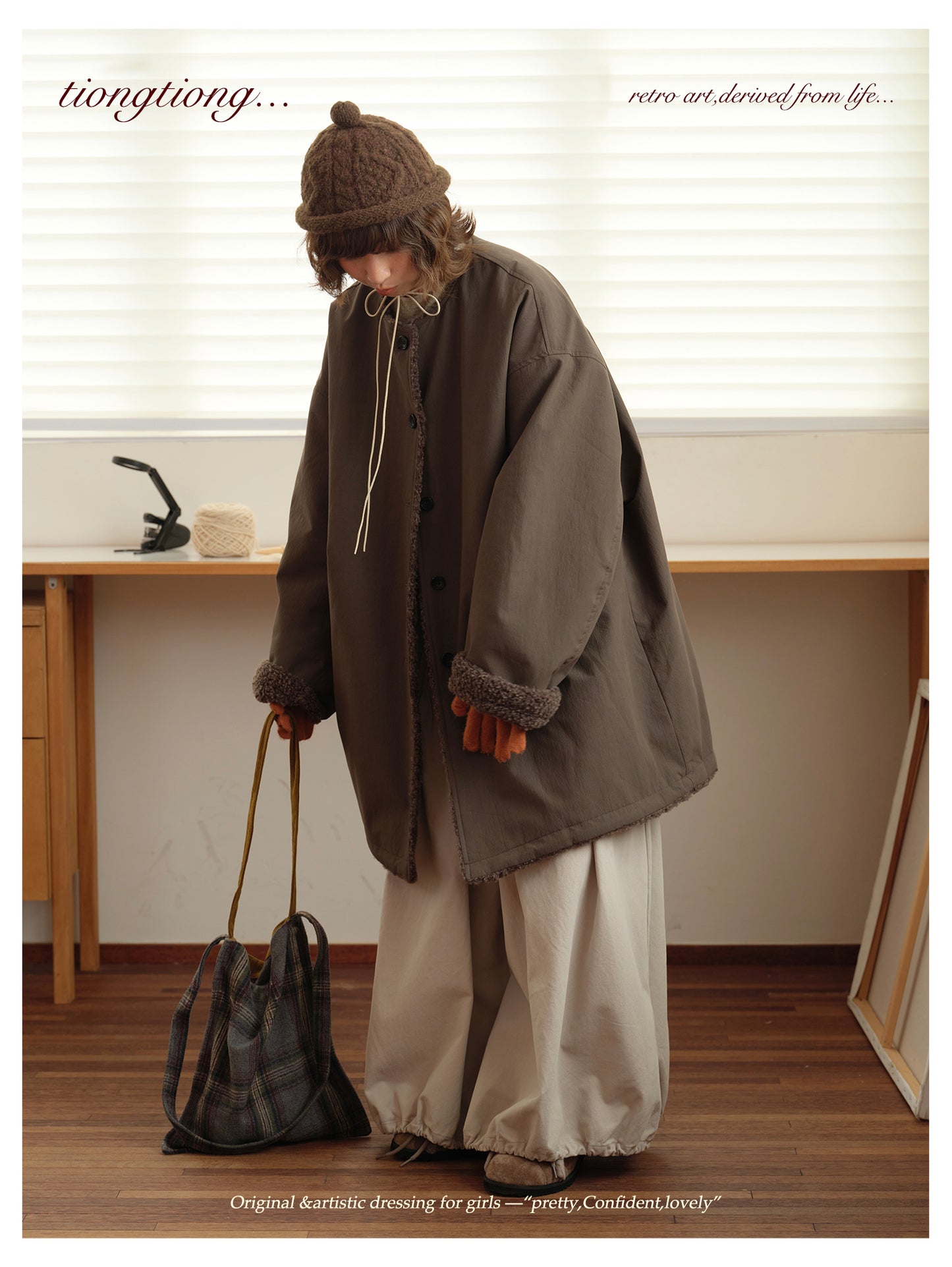 △裏地はたっぷりボアで暖か ドロップショルダーゆったり  ノーカラーコート△