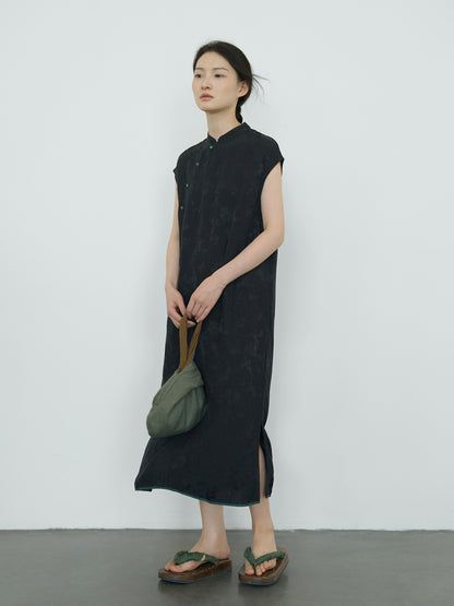◇オリエンタルなデザインに美しい花柄のジャガード織りが上品な印象◇レーヨンフレンチスリーブ ワンピース◇