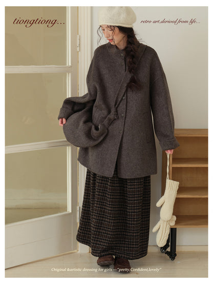 ２色展開△ダブルフェイスウール×キャメルで暖か ドロップショルダーゆったり  スタンドカラーコート△バッグ付き