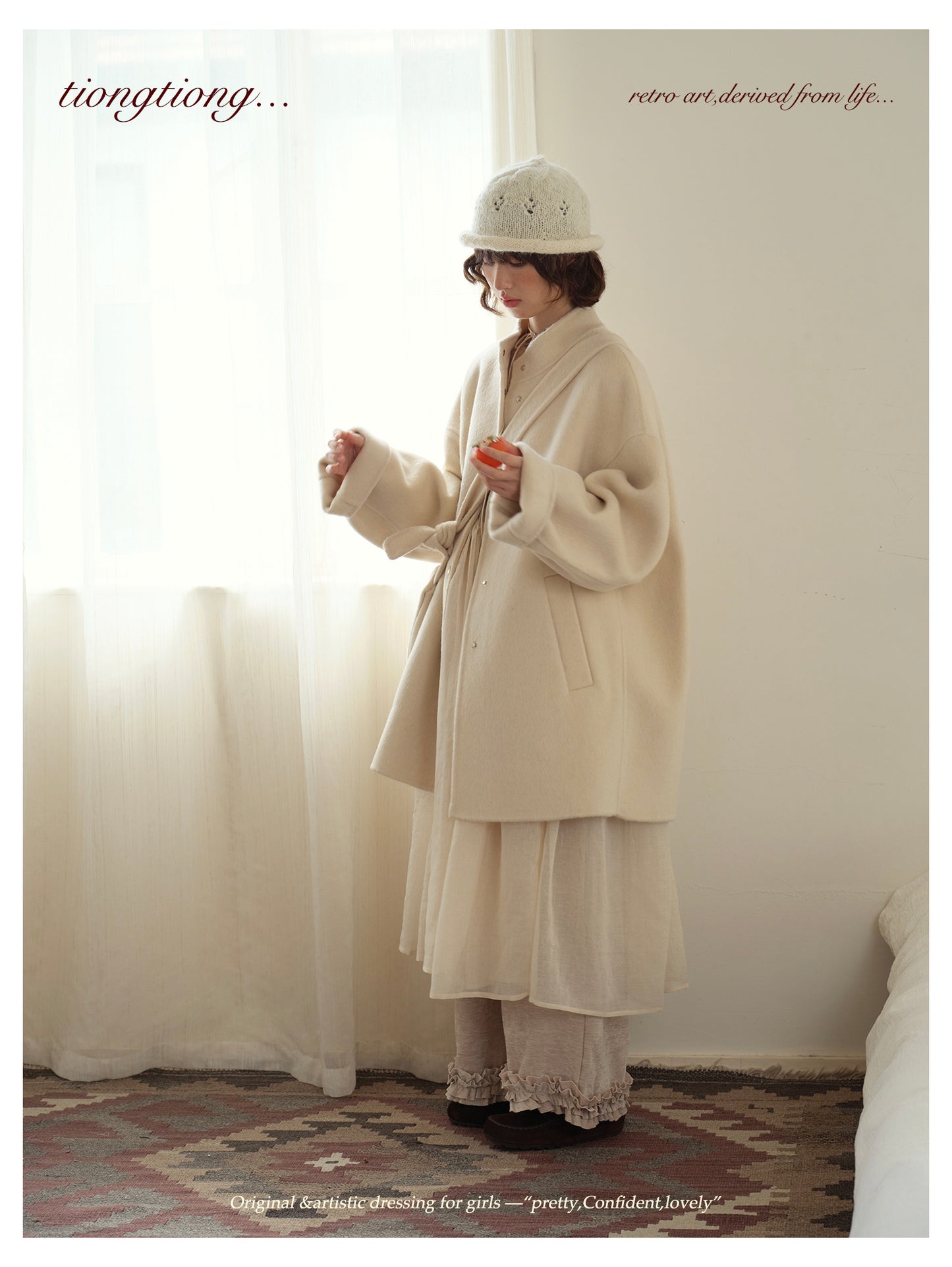 ２色展開△ダブルフェイスウール×キャメルで暖か ドロップショルダーゆったり  スタンドカラーコート△バッグ付き