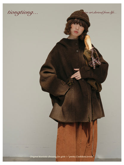 ２色展開◇ダブルフェイスウール×ヤク×シルクで暖かドロップショルダーゆったり フーディーコート◇