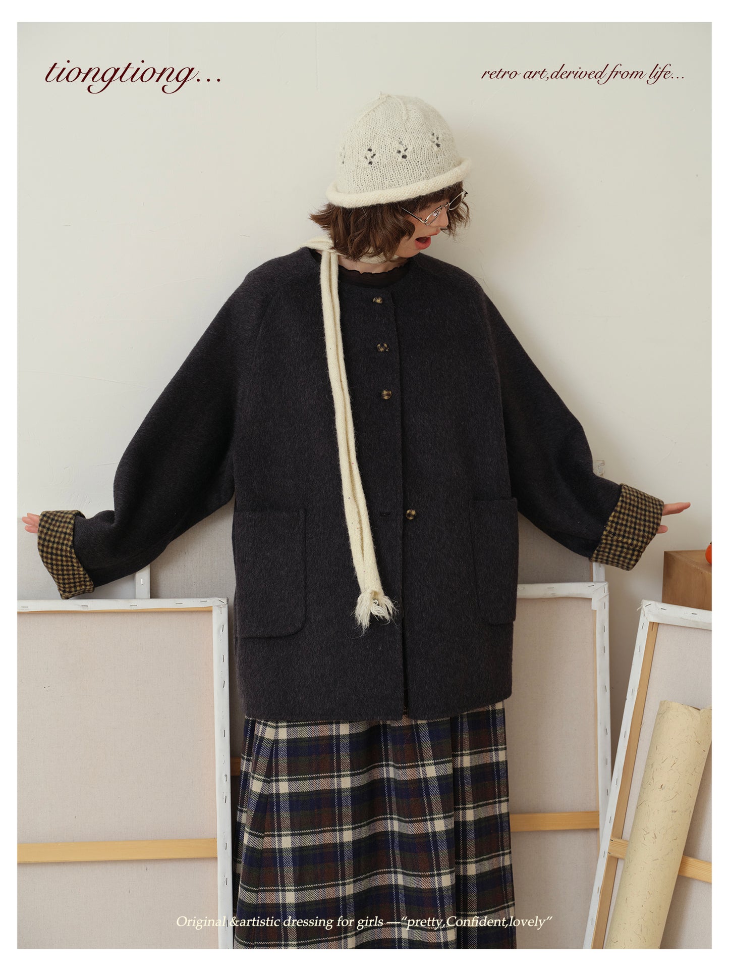 △ダブルフェイスウール×キャメルで暖か ドロップショルダーゆったり  ノーカラーコート△