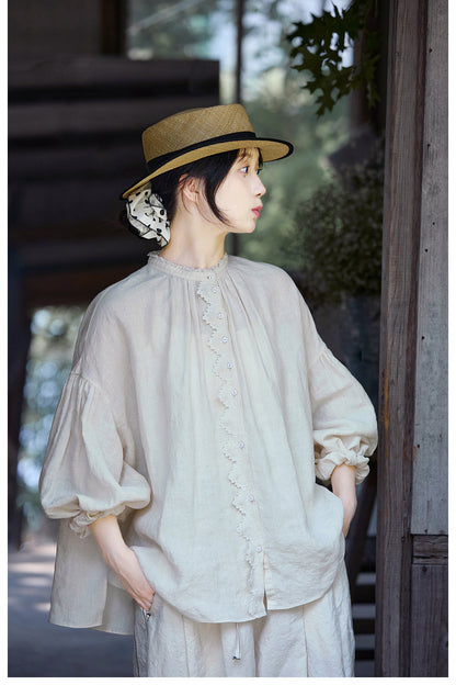 ✩品のある前立て＆ネックのフリル使い✩リネン ギャザー＆フリル ドロップショルダー ブラウス✩ M/Lサイズ