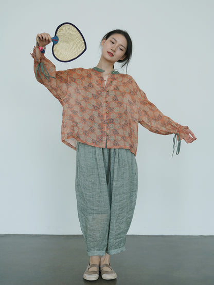 ◇唐草模様プリントが美しい ラミースタンドカラーブラウス ◇