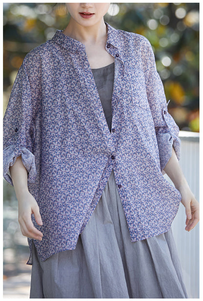 ◇小花柄で品のあるゆったりシルエット ドロップショルダーコットンシルクシャツ◇M/Lサイズ
