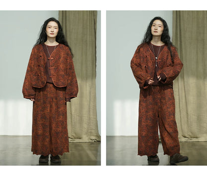 2パターン展開◇秋色のボタニックプリントが美しい◇コットンイージーパンツ◇裏地付き