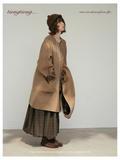 △リバーシブル ダブルフェイスウールで暖か ゆったり  ノーカラーコート△