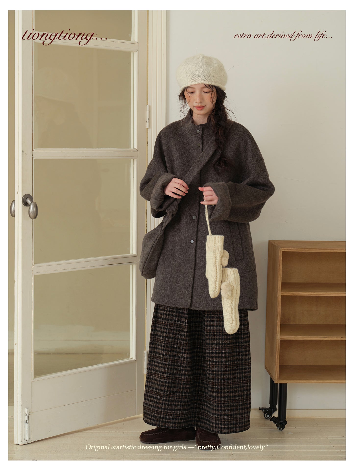 ２色展開△ダブルフェイスウール×キャメルで暖か ドロップショルダーゆったり  スタンドカラーコート△バッグ付き