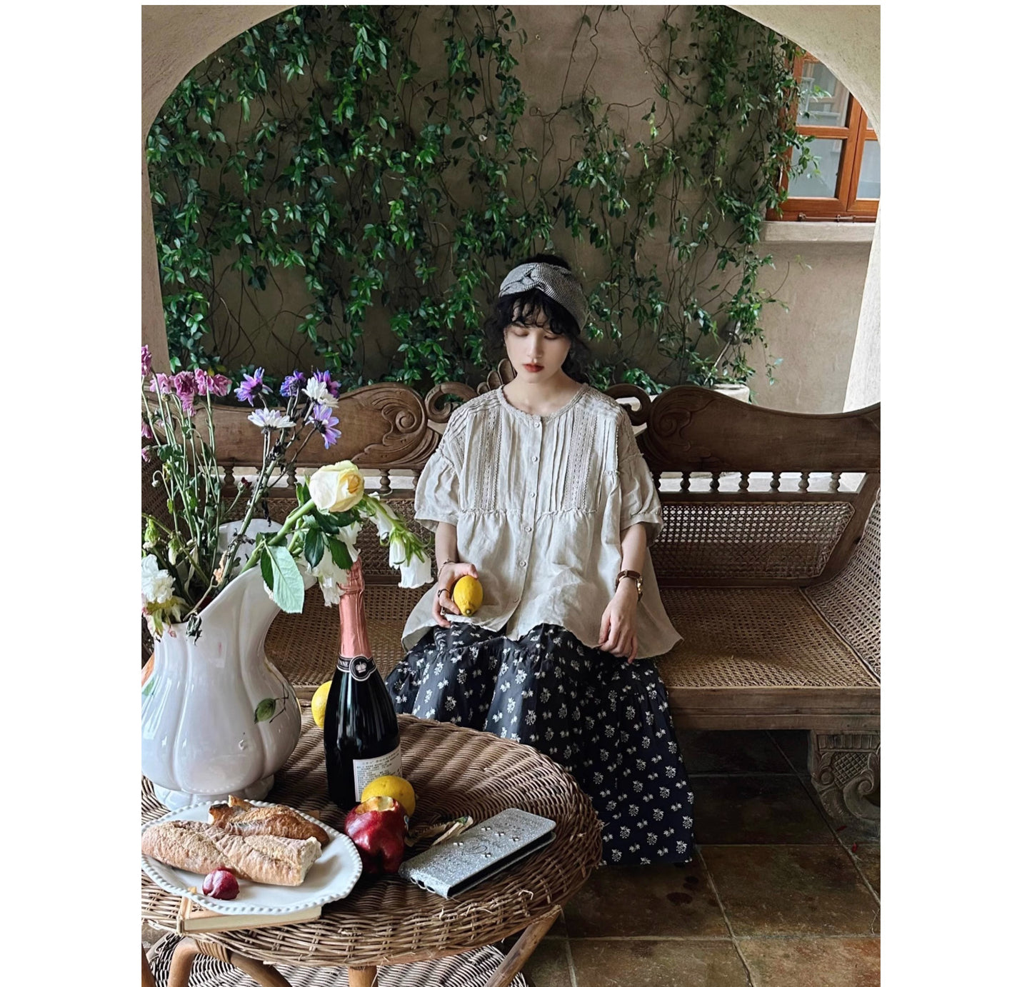 ☆レース×フリル装飾でコーデの主役に☆リネン ギャザー半袖 ブラウス☆