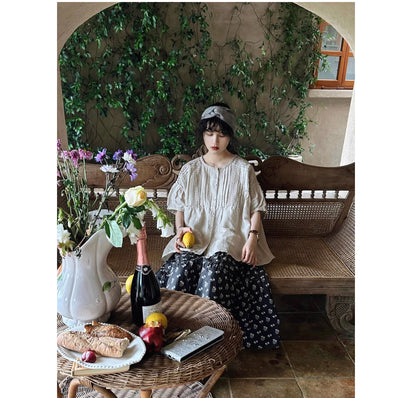 ☆レース×フリル装飾でコーデの主役に☆リネン ギャザー半袖 ブラウス☆