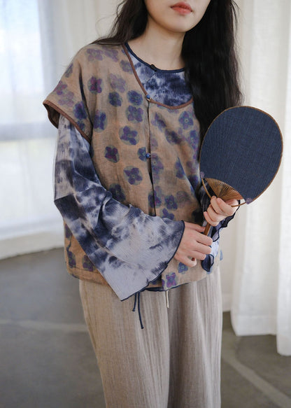 絶妙な色味のボタニックプリント☆ラミー100％で風通し良く夏にピッタリ フレンチスリーブ シャツ☆