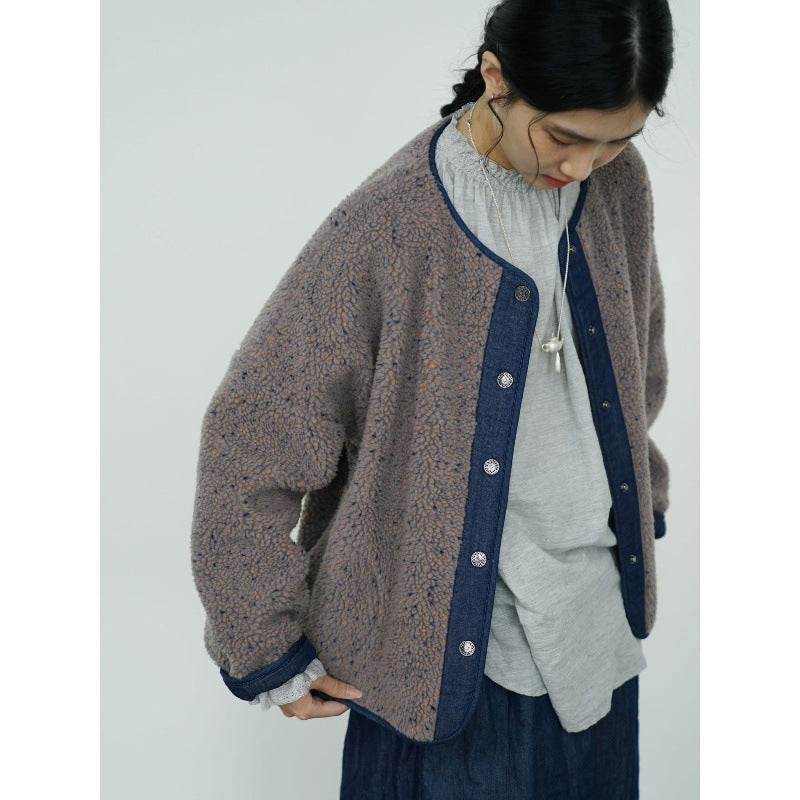 リバーシブルで着用可能◇ボア×デニム ドロップショルダー リバーシブル ノーカラージャケット◇