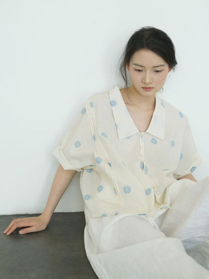 ◇織り柄によるフラワー柄可愛い◇コットン ドロップショルダー半袖ブラウス◇