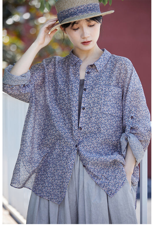 ◇小花柄で品のあるゆったりシルエット ドロップショルダーコットンシルクシャツ◇M/Lサイズ