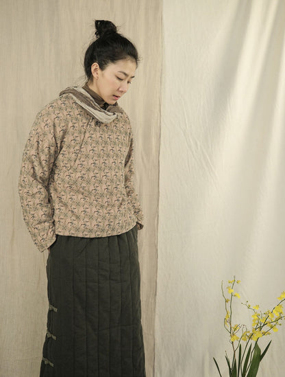 2色展開◇美しい小花柄プリント コットン中綿入りで保温性もある◇ドロップショルダーオリエンタル プルオーバー◇