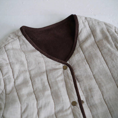 ◇軽量  暖か リネン ノーカラー スナップボタンジャケット◇