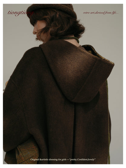 ２色展開◇ダブルフェイスウール×ヤク×シルクで暖かドロップショルダーゆったり フーディーコート◇