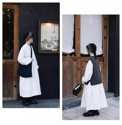 ◆胸元たっぷりギャザーがポイントに◆タイプライターコットンゆったりバンドカラーワンピース◆