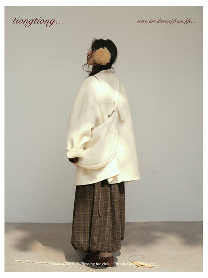 3色展開◇ダブルフェイス ウール×キャメルウールで暖かドロップショルダーゆったりコート◇バッグ付き