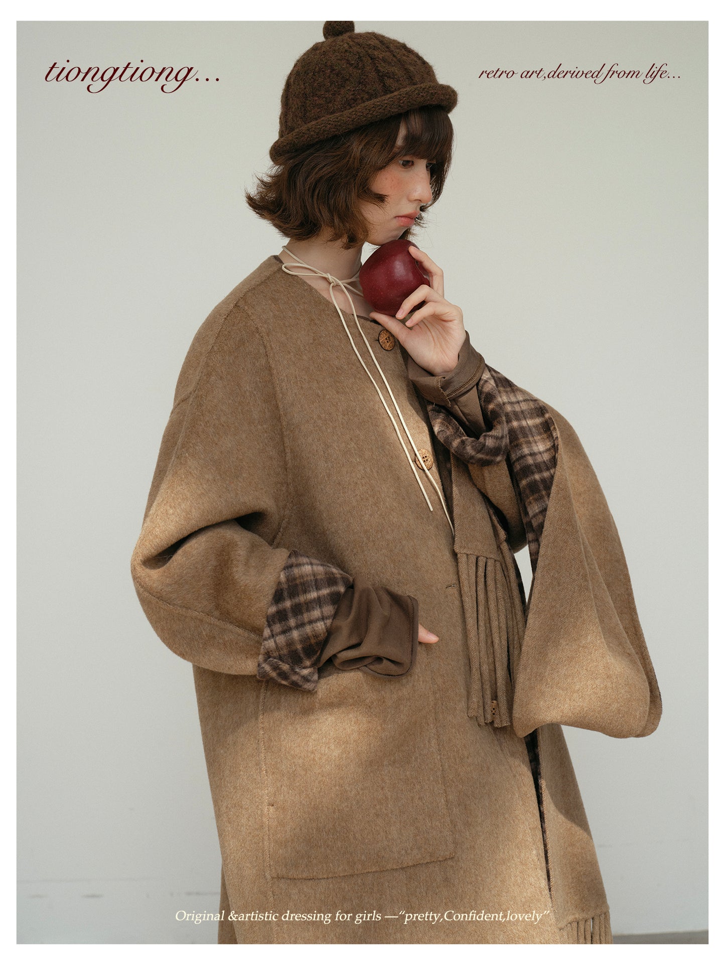 △リバーシブル ダブルフェイスウールで暖か ゆったり  ノーカラーコート△