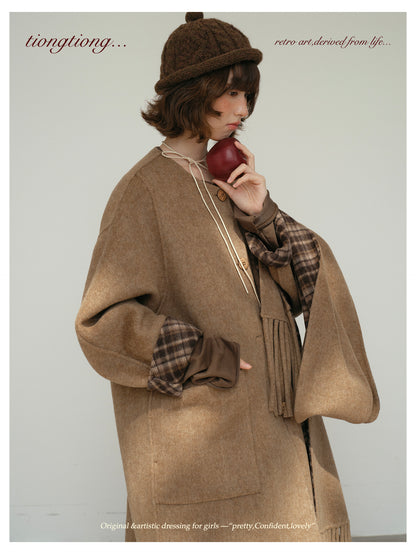 △リバーシブル ダブルフェイスウールで暖か ゆったり  ノーカラーコート△