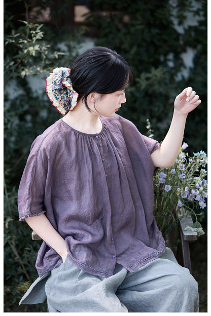 ✩灰掛かったパープルカラーが絶妙✩ソフトラミー レース＆ギャザー ノーカラー ドルマンスリーブ ブラウス✩S/M/Lサイズ