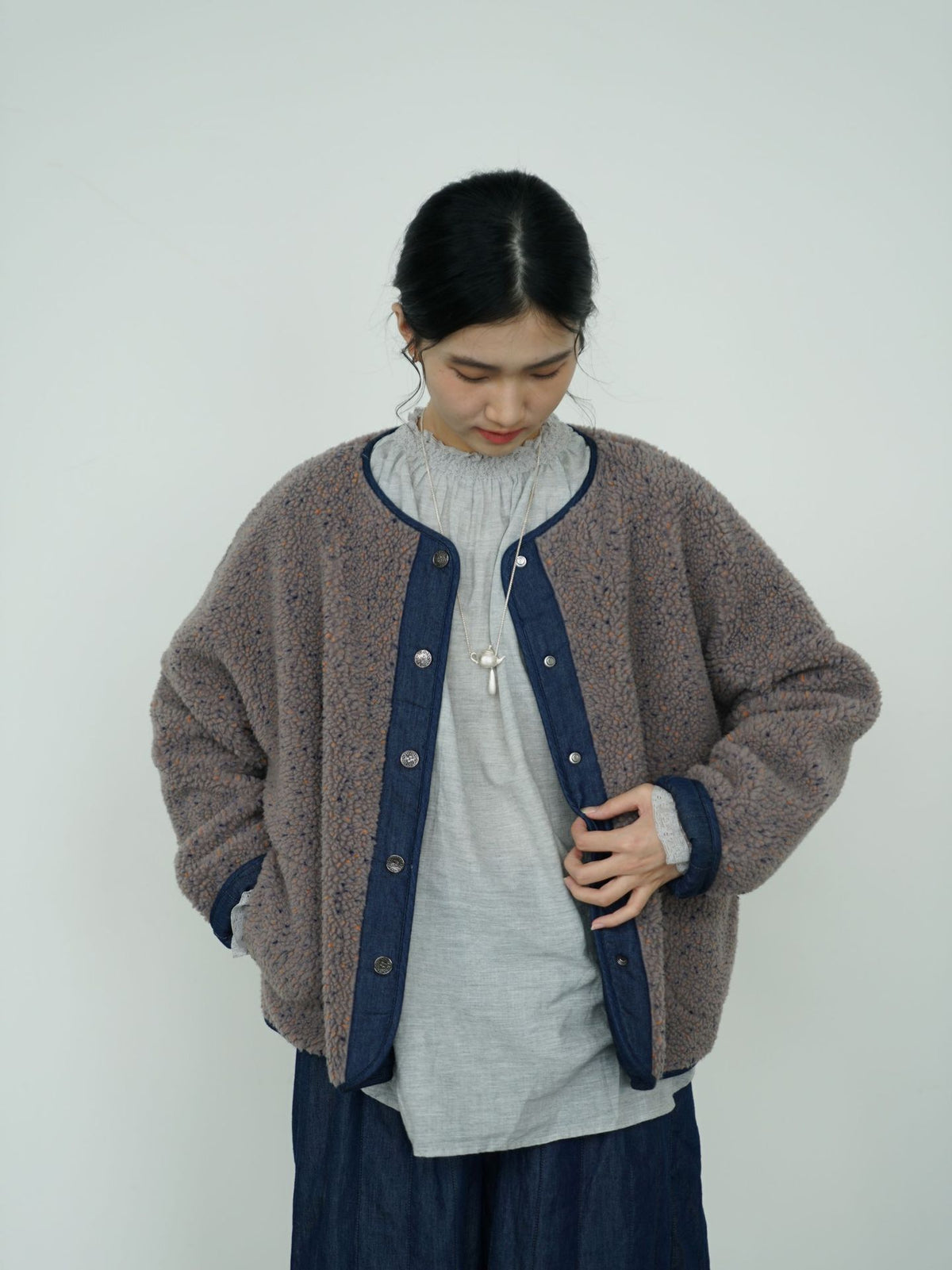 リバーシブルで着用可能◇ボア×デニム ドロップショルダー リバーシブル ノーカラージャケット◇