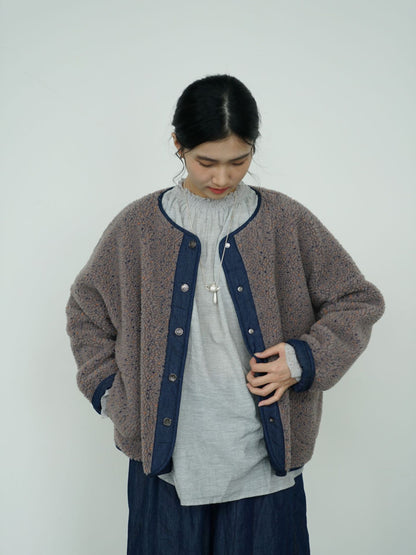 リバーシブルで着用可能◇ボア×デニム ドロップショルダー リバーシブル ノーカラージャケット◇