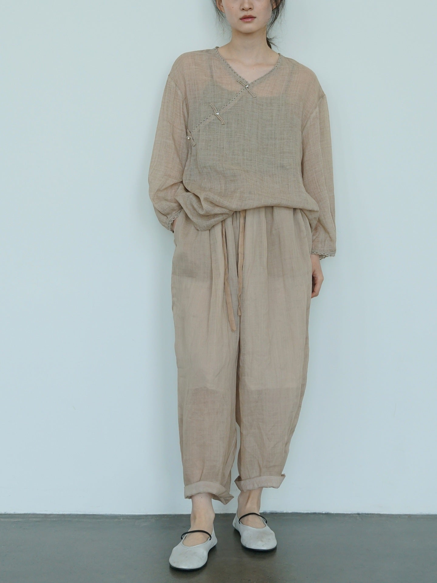 2色展開△程良いバルーンシルエット ラミー パンツ▽裏地付き