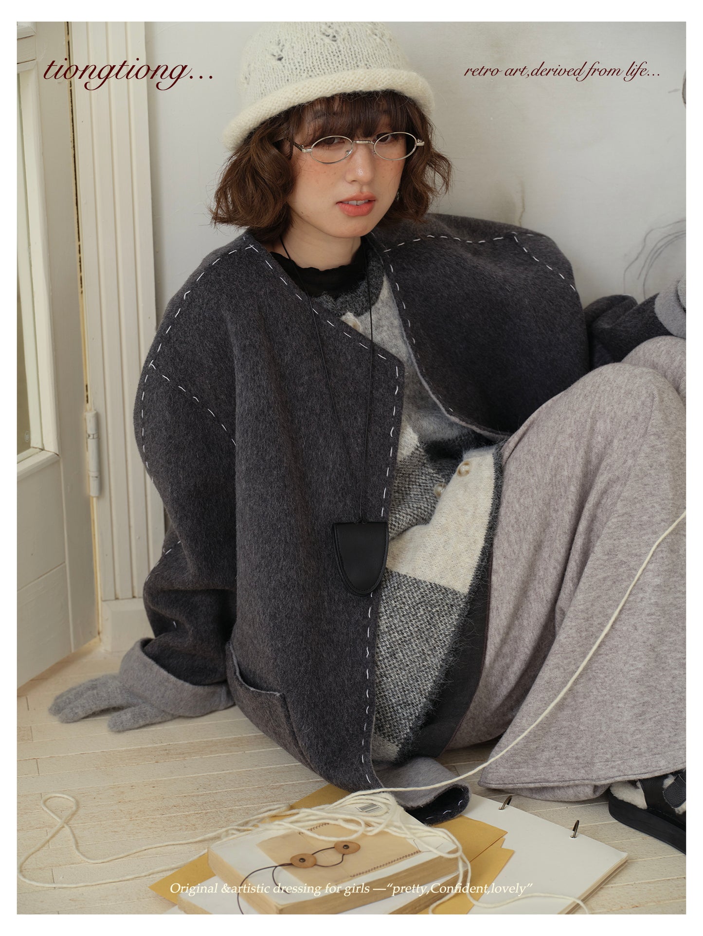 △ダブルフェイスウールで暖か ハンドステッチがポイントに。ドロップショルダーゆったり  ノーカラーコート△