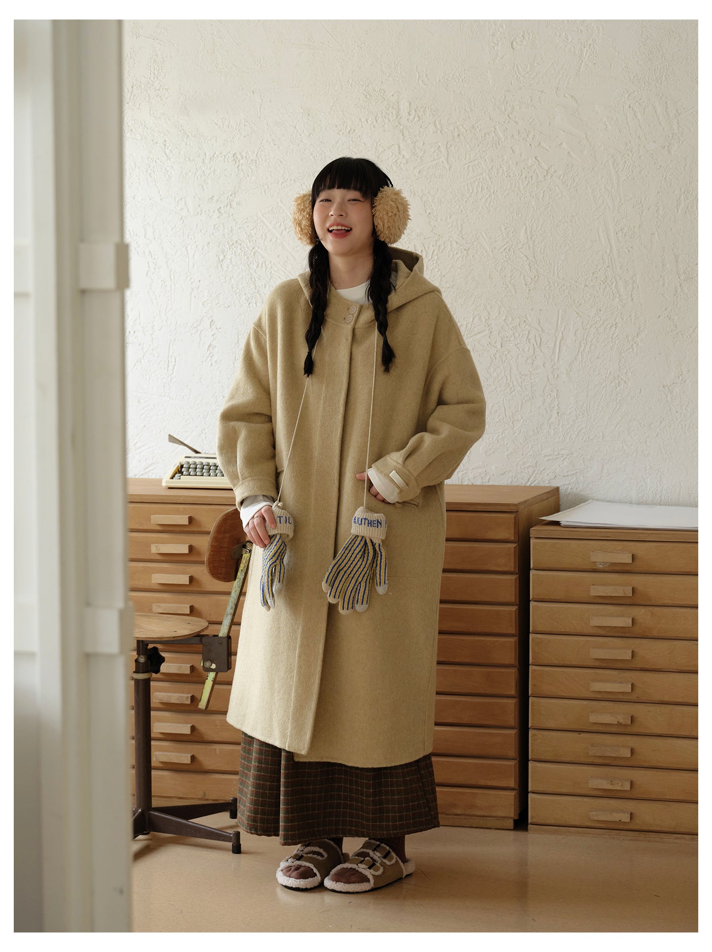 ◇ダブルフェイス メリノウールで暖かドロップショルダーゆったり フーディーコート◇