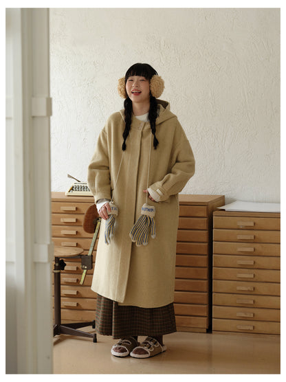 ◇ダブルフェイス メリノウールで暖かドロップショルダーゆったり フーディーコート◇