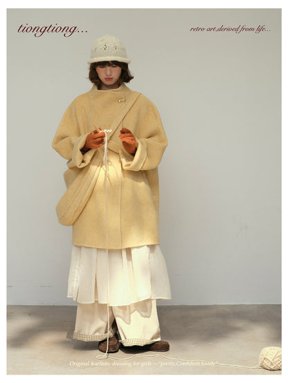 3色展開◇ダブルフェイス ウール×キャメルウールで暖かドロップショルダーゆったりコート◇バッグ付き