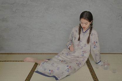 ◇可愛いボタニックプリント◇リネンワンピースドレス◇