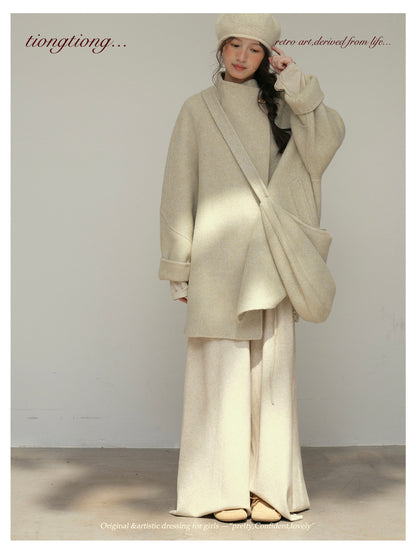 3色展開◇ダブルフェイス ウール×キャメルウールで暖かドロップショルダーゆったりコート◇バッグ付き