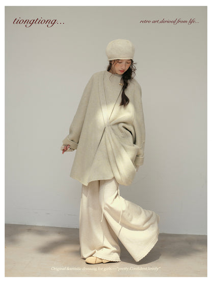 3色展開◇ダブルフェイス ウール×キャメルウールで暖かドロップショルダーゆったりコート◇バッグ付き